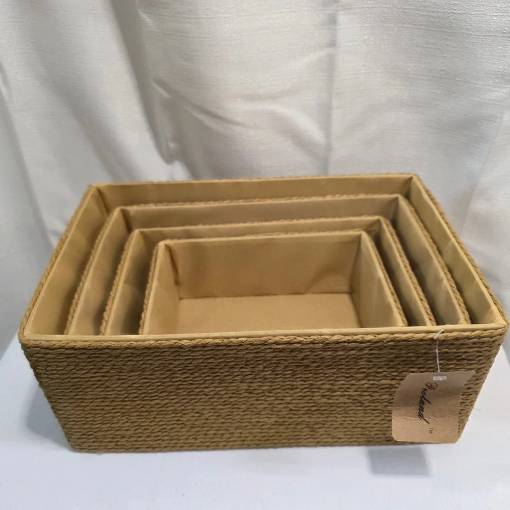 Proland 4 Piece Nesting Woven Storage Basket Set Tan Lined Rectangular Bins
